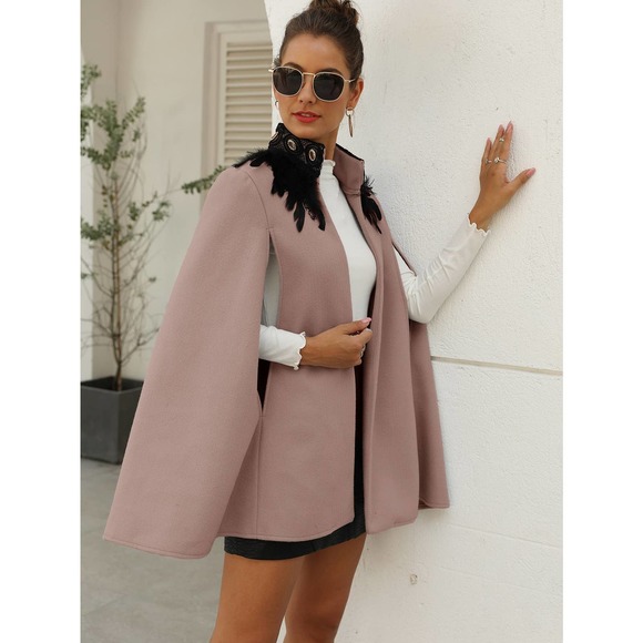 Contrast Feather collar open front Tweed Cape pea Coat gray - Picture 7 of 11